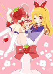 Rule 34 | 1girl, aikatsu!, aikatsu! (series), blonde hair, blue jacket, boots, bow, commentary request, dated, food, fruit, full body, hair bow, hairband, happy birthday, high heel boots, high heels, highres, holding, holding food, holding spoon, hoshimame mana, hoshimiya ichigo, jacket, knee boots, long hair, long sleeves, looking at viewer, neck ribbon, one eye closed, pink background, pleated skirt, red eyes, red ribbon, ribbon, school uniform, shirt, single stripe, sitting, skirt, smile, solo, spoon, starlight academy school uniform, strawberry, strawberry parfait, strawberry pocky, tongue, tongue out, white footwear, white shirt, white skirt