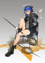 Rule 34 | 1girl, arknights, asymmetrical gloves, bare legs, black footwear, black gloves, black jacket, blue eyes, blue hair, boots, chair, chinese commentary, commentary request, cross-laced footwear, gloves, gradient background, grey background, grey shirt, hair between eyes, halo, highres, horns, jacket, knee up, lace-up boots, long hair, long sleeves, looking at viewer, mismatched gloves, mostima (arknights), open clothes, open jacket, shadow, shirt, sitting, solo, thighs, ttk (kirinottk), white gloves