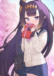 Rule 34 | 1girl, bag, blue skirt, blurry, blurry background, blush, cherry blossoms, commentary, covering own mouth, cowboy shot, cp2980606, day, gift, headpiece, highres, holding, holding gift, hololive, hololive english, long hair, long sleeves, looking at viewer, mole, mole under eye, ninomae ina&#039;nis, outdoors, pointy ears, purple eyes, purple hair, school bag, school uniform, serafuku, shoulder bag, skirt, solo, tentacle hair, very long hair, virtual youtuber