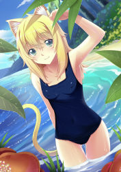 Rule 34 | 1girl, animal ears, arm up, beach, blonde hair, blue eyes, breasts, cat ears, cat tail, covered erect nipples, hair between eyes, highres, leaf, long hair, looking at viewer, ocean, one-piece swimsuit, original, outdoors, school swimsuit, sketch, skindentation, slit pupils, small breasts, smile, solo, sonikey0 0, swimsuit, tail, water, wet, wet clothes