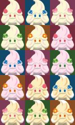 Rule 34 | alcremie, alcremie (berry sweet), alcremie (caramel swirl), alcremie (clover sweet), alcremie (flower sweet), alcremie (love sweet), alcremie (ruby cream), alcremie (strawberry sweet), alcremie (vanilla cream), blue eyes, creature, creatures (company), expressionless, face, flower, food, fruit, game freak, gen 8 pokemon, green eyes, heart, highres, looking at viewer, multicolored background, nintendo, no humans, orange eyes, pink eyes, pokemon, pokemon (creature), shawn flowers, strawberry