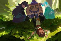 Rule 34 | 4boys, aqua hair, black footwear, brown hair, fengxi (the legend of luoxiaohei), grass, hair over one eye, hat, horns, long hair, luozhu (the legend of luoxiaohei), lying, multiple boys, on back, outdoors, plant, pointy ears, purple hair, purple headwear, rope, shoes, sitting, luo xiaohei zhanji, tianhu (the legend of luoxiaohei), ukumo uichi, xuhuai (the legend of luoxiaohei)