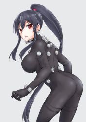 Rule 34 | 1girl, ass, back, bad id, bad pixiv id, black bodysuit, black hair, bodysuit, breasts, cosplay, eyebrows, from behind, gantz, gantz suit, grey background, highres, kantai collection, kodera ju, large breasts, leaning forward, long hair, looking at viewer, looking back, ponytail, red eyes, simple background, solo, thigh strap, very long hair, yahagi (kancolle)