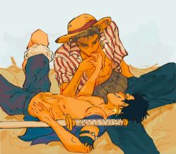 Rule 34 | 2boys, abs, armband, bare pectorals, black hair, closed eyes, collarbone, couple, cuddling, earrings, fur trim, green hair, grin, happy, hat, highres, holding hands, jewelry, kissing hand, lying, lying on lap, lying on person, male focus, monkey d. luffy, multiple boys, nipples, on back, one piece, open clothes, open shirt, pale skin, pectorals, roronoa zoro, scar, scar on chest, scar on face, short hair, shorts, smile, straw hat, sword, t0birooo, weapon, yaoi