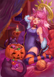 Rule 34 | 10s, 1girl, arm support, breasts, brown eyes, candle, candy, cat, character request, cleavage, collar, eyebrows, fire, food, full body, fur trim, halloween, hei niao, highres, holding, jack-o&#039;-lantern, jacket, key, keyhole, long hair, long sleeves, looking at viewer, medium breasts, micheal, monster strike, off shoulder, on bed, one-piece swimsuit, open clothes, open jacket, open mouth, pillow, pink hair, purple one-piece swimsuit, sitting, solo, striped clothes, striped thighhighs, swimsuit, thighhighs, very long hair, wariza, window, wrapped candy, yarn, yarn ball