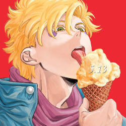 Rule 34 | 1boy, battle tendency, blonde hair, blue jacket, caesar anthonio zeppeli, carota327, dated, facial mark, fingerless gloves, food, gloves, green eyes, highres, ice cream, jacket, jojo no kimyou na bouken, male focus, pink scarf, scarf, solo, tongue, tongue out