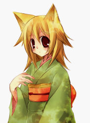 Rule 34 | 1girl, animal ears, hand on own chest, japanese clothes, kimono, long sleeves, looking at viewer, obi, original, red eyes, sash, short hair, simple background, solo, suzushiro kurumi, white background