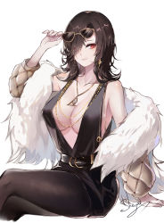 Rule 34 | 1girl, absurdres, bare arms, bare shoulders, belt, black hair, black pantyhose, breasts, cao cao (fetc), cleavage, coat, duplicate, eyewear on head, fate/embrace the chaos, fate (series), hair over one eye, highres, long hair, looking at viewer, pantyhose, pixel-perfect duplicate, red eyes, sheya, simple background, sleeveless, smile, solo, sunglasses, thighhighs, white background