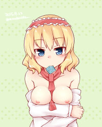 Rule 34 | 1girl, alice margatroid, bad id, bad pixiv id, between breasts, blonde hair, blue eyes, breast hold, breasts, condom, condom in mouth, dated, hairband, heart, heart-shaped pupils, lolita hairband, looking at viewer, mouth hold, necktie, necktie between breasts, nipples, niwatori (shimatori042), short hair, solo, symbol-shaped pupils, touhou, twitter username, undressing, upper body