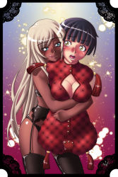 Rule 34 | 2girls, :q, amputee, belt, black belt, black border, black hair, black legwear, black panties, blonde hair, blunt bangs, blush, border, breasts, buttons, cleavage, cleavage cutout, clothing cutout, contrapposto, cowboy shot, cushion, dark-skinned female, dark skin, dominatrix, femdom, flying sweatdrops, gammatelier, garter belt, garter straps, green eyes, holding, hug, lace, legs apart, licking lips, long hair, looking at another, medium breasts, multicolored background, multiple girls, nose blush, open mouth, original, panties, quadruple amputee, saliva, sex slave, shiny clothes, shiny skin, skin tight, skindentation, smile, sparkle, standing, tassel, thighhighs, tongue, tongue out, underwear, very long hair, yellow eyes, yuri