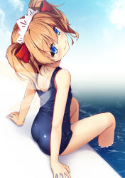Rule 34 | 1girl, arm support, ass, bare arms, bare shoulders, blue eyes, blue one-piece swimsuit, blue sky, blush, bow, chima q, cloud, commentary request, day, fairy wings, from behind, hair between eyes, hair bow, head tilt, headdress, highres, lace trim, looking at viewer, looking back, one-piece swimsuit, orange hair, outdoors, red bow, shadow, short hair, sitting, sky, smile, soaking feet, solo, sunny milk, swimsuit, thighs, touhou, twintails, water, wings