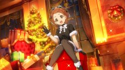 Rule 34 | 1girl, 22/7, 22/7 ongaku no jikan, \||/, bell, belt, black belt, black choker, black footwear, black gloves, black santa costume, bow, bowtie, box, braid, brown eyes, brown hair, brown pantyhose, candle, choker, christmas, christmas ornaments, christmas present, christmas tree, christmas wreath, curtains, fireplace, full body, game cg, garland (decoration), gift, gift box, gift wrapping, gloves, hair bow, hair ribbon, hand up, high ponytail, highres, indoors, kono miyako, lens flare, light particles, looking at viewer, official art, open mouth, pantyhose, red ribbon, ribbon, santa costume, short sleeves, sitting, smile, solo, sparkle, star ornament, teeth, throne, upper teeth only, white bow, white bowtie, window, wreath