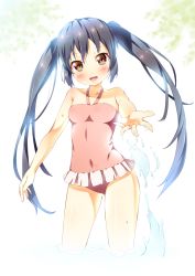 Rule 34 | 1girl, :d, bare shoulders, black hair, blush, brown eyes, casual one-piece swimsuit, cowboy shot, k-on!, kazuma (kazumav), long hair, looking at viewer, nakano azusa, one-piece swimsuit, open mouth, outstretched hand, pink one-piece swimsuit, round teeth, smile, solo, splashing, swimsuit, teeth, twintails, wading, water