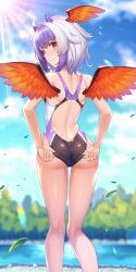 Rule 34 | 1girl, adjusting clothes, adjusting swimsuit, ahoge, ass, blue sky, blush, breasts, closed mouth, cloud, commentary request, commission, competition swimsuit, day, from behind, grey hair, head wings, highleg, highleg swimsuit, highres, horns, kouzuki tsubasa (musou kaidou), leaf, lens flare, looking at viewer, looking back, multicolored hair, one-piece swimsuit, outdoors, purple hair, red eyes, second-party source, short hair, single head wing, skeb commission, sky, small breasts, solo, standing, swimsuit, tokiko (touhou), touhou, two-tone hair, wings