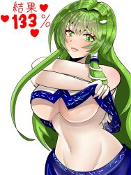 Rule 34 | 1girl, blue skirt, blush, breasts, clothes lift, frog hair ornament, green eyes, green hair, groin, hair ornament, heart, highres, kochiya sanae, lifted by self, long hair, navel, open mouth, saru fwm12, skirt, solo, stomach, touhou, white background