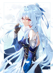 Rule 34 | 1girl, bare shoulders, bencao gangmu (anquan sy), black gloves, blue hair, blush, flower, from side, gloves, hair ornament, hand up, highres, holding, holding flower, honkai: star rail, honkai (series), jingliu (honkai: star rail), long hair, long sleeves, looking at viewer, looking to the side, parted lips, red eyes, solo