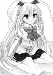 Rule 34 | 1girl, animal ears, bad id, bad pixiv id, blush, bow, rabbit ears, female focus, greyscale, long hair, monochrome, open mouth, puffy sleeves, reisen udongein inaba, short sleeves, sitting, smile, solo, suzume miku, thighhighs, touhou, very long hair