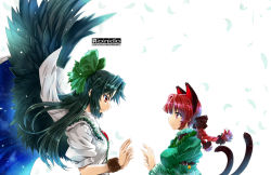 Rule 34 | 2girls, animal ears, bird wings, black hair, black wings, bow, braid, bright background, cape, cat ears, cat tail, dress, extra ears, eye contact, facing another, feathered wings, feathers, from side, green dress, hair bow, hands up, kaenbyou rin, long hair, long sleeves, looking at another, multiple girls, multiple tails, nekomata, red eyes, red hair, reiuji utsuho, shirt, short sleeves, smile, standing, starry sky print, tail, takana shinno, teeth, third eye, touhou, twin braids, two tails, upper teeth only, wings, wrist cuffs