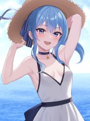 Rule 34 | 1girl, bare shoulders, blue eyes, blue hair, breasts, cleavage, fawny, hat, highres, hololive, hoshimachi suisei, open mouth, outdoors, small breasts, smile, solo, virtual youtuber