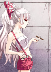 Rule 34 | 1girl, adapted costume, alternate costume, alternate hairstyle, bad id, bad pixiv id, black panties, blunt bangs, cigar, cigarette, cowboy shot, female focus, from side, fujiwara no mokou, gorota, hair ornament, hand on own hip, holding, holding cigarette, long hair, midriff, navel, panties, ponytail, red eyes, short shorts, shorts, solo, standing, stomach, strapless, suspenders, touhou, tube top, underwear, very long hair, white hair