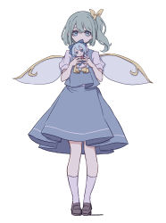 Rule 34 | 1girl, arm up, ascot, blue bow, blue dress, blue eyes, blue footwear, blue hair, blue skirt, blue vest, bow, bowtie, brown footwear, character doll, cirno, closed mouth, collared shirt, commentary request, covering own mouth, daiyousei, doll, dress, fairy wings, full body, fumo (doll), green hair, grey shirt, grey socks, hair between eyes, hair bow, hand up, hands up, highres, kame (kamepan44231), looking down, one-hour drawing challenge, ponytail, puffy short sleeves, puffy sleeves, red bow, red bowtie, shadow, shirt, shoes, short hair, short sleeves, side ponytail, simple background, skirt, smile, socks, solo, standing, stuffed toy, touhou, toy, vest, white background, wings, yellow ascot, yellow bow
