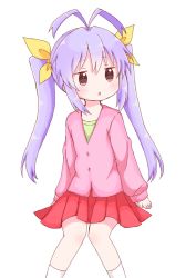 Rule 34 | antenna hair, blush, brown eyes, chestnut mouth, hair between eyes, hair ribbon, highres, jitome, knees together feet apart, long hair, long sleeves, looking away, looking to the side, miyauchi renge, non non biyori, parted lips, pink shirt, pleated skirt, purple hair, red skirt, ribbon, shika (s1ka), shirt, simple background, sitting, skirt, sleeves past wrists, socks, solo, twintails, white background, white socks, yellow ribbon