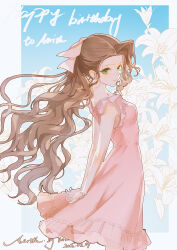 absurdres aerith_gainsborough aerith_gainsborough_(cheap_pink_dress) arms_behind_back bead_bracelet beads blue_background bow bracelet breasts brown_hair character_name closed_mouth cowboy_shot dated dress final_fantasy final_fantasy_vii final_fantasy_vii_remake floral_background flower frilled_sleeves frills green_eyes hair_bow happy_birthday highres jewelry light_smile lily_(flower) medium_breasts official_alternate_costume parted_bangs pink_bow pink_dress ponytail short_dress sidelocks yaoko