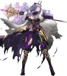 Rule 34 | 1girl, armored boots, boots, breasts, camilla (fire emblem), cape, cleavage, fire emblem, fire emblem fates, fire emblem heroes, full body, fur trim, gloves, grey background, hair over one eye, highres, kozaki yuusuke, large breasts, long hair, nintendo, non-web source, official art, purple hair, red eyes, solo, staff, standing, teeth, tiara, torn cape, torn clothes, transparent background