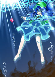 Rule 34 | 1girl, backpack, bag, bare legs, blue eyes, blue hair, bubble, female focus, hair bobbles, hair ornament, hat, highres, kawashiro nitori, keu, matching hair/eyes, outstretched arms, skirt, solo, tajima yuuki, touhou, two side up, underwater
