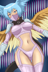 Rule 34 | 1girl, armor, breasts, digimon, digimon (creature), harpy, head wings, large breasts, looking at viewer, mask, monster girl, navel, revealing clothes, scarf, short hair, shutumon, thong, wings