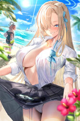 Rule 34 | 2girls, absurdres, asuna (blue archive), asymmetrical bangs, beach, bird, black skirt, blonde hair, blue archive, blurry, blush, bow, bowtie, breasts, breasts apart, cameltoe, clothes lift, collarbone, depth of field, flower, hair over one eye, halo, highres, jacket, large breasts, lens flare, lifting own clothes, long hair, looking at viewer, maid headdress, multiple girls, neru (blue archive), open clothes, open shirt, outdoors, palm leaf, panties, pleated skirt, rossy (yowayowachimpo), school uniform, seagull, shirt, shirt tucked in, skirt, skirt lift, sleeves rolled up, smile, solo focus, straight hair, sukajan, sun, underwear, undone bowtie, very long hair, water drop, white panties, white shirt