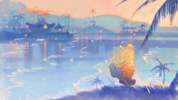 Rule 34 | 1girl, absurdres, blonde hair, blue theme, building, dress, floating clothes, floating hair, from behind, grass, hengwen, highres, limited palette, long hair, mountainous horizon, nintendo, orange dress, orange sky, outdoors, palm tree, pointy ears, princess zelda, reflection, river, scenery, sky, solo, standing, the legend of zelda, the legend of zelda: breath of the wild, tree, two-sided dress, two-sided fabric, very long hair, water, waves, wide shot, wind