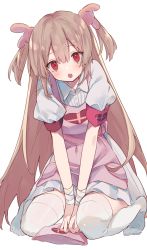 Rule 34 | &gt; &lt;, 1girl, :o, apron, armband, bandaged arm, bandages, blush, brown hair, collared shirt, fang, full body, hair between eyes, hair ornament, hat, heart, long hair, looking at viewer, mimelond, natori sana, no shoes, nurse cap, open mouth, pink apron, pink hat, pleated skirt, puffy short sleeves, puffy sleeves, rabbit hair ornament, red eyes, safety pin, sana channel, shirt, short sleeves, simple background, skirt, solo, thighhighs, two side up, unworn hat, unworn headwear, very long hair, virtual youtuber, white background, white shirt, white skirt, white thighhighs