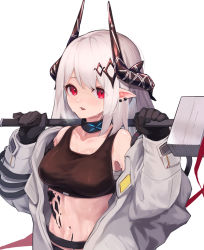 Rule 34 | 1girl, arknights, bare shoulders, black choker, black gloves, blush, choker, commentary request, gloves, hammer, hands up, highres, holding, holding hammer, holding weapon, horns, infection monitor (arknights), long hair, looking at viewer, mari0ball, material growth, midriff, mudrock (arknights), mudrock (elite ii) (arknights), navel, off shoulder, oripathy lesion (arknights), over shoulder, parted lips, partial commentary, pointy ears, red eyes, sarashi, silver hair, simple background, solo, sports bra, stomach, upper body, weapon, weapon over shoulder, white background