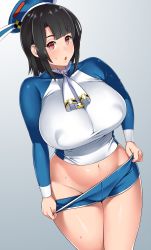 Rule 34 | 10s, 1girl, adapted costume, beret, black hair, blush, breasts, covered erect nipples, curvy, hat, highres, huge breasts, kantai collection, large breasts, looking at viewer, military, military uniform, navel, open mouth, red eyes, short hair, solo, sweat, takao (kancolle), undressing, uniform, wide hips, zonda (solid air)