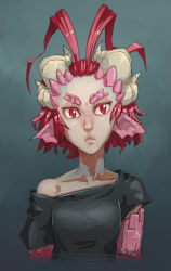 Rule 34 | 1girl, anael (bankage), bankage, demon girl, dragon girl, eyebrows, highres, horns, lips, nose, off shoulder, original, pointy ears, red eyes, red hair, scales, shirt, short hair, solo, t-shirt, thick eyebrows