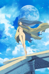 Rule 34 | 1girl, absurdres, barefoot, blue eyes, blue hair, breasts, cloak, cloud, cloudy sky, dutch angle, eyebrows hidden by hair, full body, full moon, highres, long hair, looking to the side, lucia (lunar), lunar, lunar 2: eternal blue, moon, muramasa mikado, naked cloak, navel, no pussy, nude, open mouth, sidelocks, sky, small breasts, solo, very long hair, wind