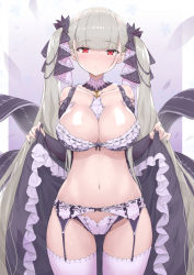 Rule 34 | 1girl, azur lane, bare shoulders, between breasts, black bra, black choker, black nails, blush, bra, breasts, choker, cleavage, commentary request, cowboy shot, crystal shoujo, dress, flight deck, floral background, formidable (azur lane), frilled bra, frilled dress, frills, garter belt, gradient background, grey hair, groin, hands up, highres, large breasts, long hair, nail polish, navel, panties, red eyes, shiny skin, skirt hold, thighhighs, twintails, two-tone dress, two-tone ribbon, underwear, very long hair, white choker, white panties, white thighhighs