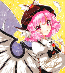 Rule 34 | 1girl, animal ears, artist name, bad id, bad pixiv id, bird ears, bird wings, blush, brown dress, brown headwear, dress, fingernails, juliet sleeves, long fingernails, long sleeves, mystia lorelei, open mouth, pink eyes, pink hair, puffy sleeves, qqqrinkappp, sharp fingernails, short hair, signature, smile, solo, touhou, traditional media, upper body, white wings, winged hat, wings