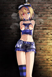 Rule 34 | 1girl, against wall, arm strap, arms behind back, asymmetrical legwear, belt, belt buckle, blonde hair, blue belt, blue eyes, blue hair, blue skirt, blue tank top, breasts, buckle, burning stone (module), choker, clenched teeth, collar, collarbone, commentary, crop top, crying, crying with eyes open, hair between eyes, hair ornament, hairclip, heterochromia, highres, kagamine rin, looking at viewer, medium breasts, midriff, miniskirt, multicolored hair, navel, nipples, peeing, peeing self, photoshop (medium), project diva (series), red eyes, restrained, short hair, single thighhigh, skirt, skull print, solo, standing, stomach, striped, sweatdrop, tank top, tears, teeth, thighhighs, torn clothes, torn tank top, tsukishiro saika, two-tone hair, uneven legwear, vocaloid