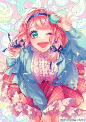 Rule 34 | 1girl, aqua eyes, bang dream!, breasts, earrings, food, frilled skirt, frills, heart, heart earrings, highres, holding, holding food, jewelry, large breasts, long hair, long sleeves, looking at viewer, low twintails, macaron, official art, one eye closed, open mouth, pink hair, pink nails, red skirt, skirt, twintails, uehara himari, yamako (state of children)