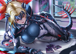 Rule 34 | 1girl, :d, animahakim, arm blade, arm support, armor, armored bodysuit, blonde hair, bodysuit, breasts, cable, cleavage, commentary, dinomorphia kentregina, duel monster, facial mark, forehead protector, full body, game screenshot background, headgear, impossible bodysuit, impossible clothes, indoors, large breasts, looking at viewer, lying, mechanical tail, on bed, on side, open mouth, pillow, reptile girl, see-through, see-through cleavage, shadow, short hair, smile, solo, tail, teeth, television, textless version, trading card, upper teeth only, weapon, yellow eyes, yu-gi-oh!, yu-gi-oh! master duel