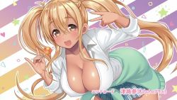 Rule 34 | 10s, 1girl, :d, aqua nails, artist name, bent over, blonde hair, blouse, braid, breasts, brown eyes, candy, cleavage, collarbone, diagonal stripes, end card, fang, food, hair between eyes, heart, holding, holding food, large breasts, lollipop, long hair, looking at viewer, nail polish, open mouth, plaid, plaid skirt, pleated skirt, shirt, skirt, smile, solo, star (symbol), striped, striped background, sunohara nana, sunoharasou no kanrinin-san, tan, tsuji santa, twintails, v, very long hair, white shirt