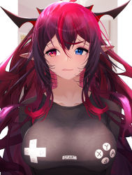 Rule 34 | 1girl, :s, absurdres, alternate costume, asymmetrical bangs, black shirt, bra, breasts, collarbone, controller, demon girl, demon horns, door, game controller, gamepad, getto, hair between eyes, heterochromia, highres, hololive, hololive english, horns, indoors, irys (hololive), large breasts, long hair, looking to the side, multicolored hair, multiple horns, outside border, poster (object), print shirt, red hair, shirt, solo, tight clothes, underwear, upper body, very long hair, virtual youtuber