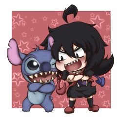 Rule 34 | 1girl, ahoge, asymmetrical wings, bad id, bad pixiv id, black hair, black thighhighs, blush, bow, crossed arms, crossover, disney, dress, houjuu nue, lilo &amp; stitch, notched ear, one eye closed, open mouth, red eyes, sharp teeth, short hair, short sleeves, star (symbol), stitch (lilo &amp; stitch), tail, teeth, thighhighs, touhou, wings, wink, ziogon