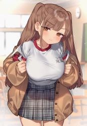 Rule 34 | 1girl, blunt bangs, breasts, brown cardigan, brown eyes, brown hair, cardigan, classroom, closed mouth, commentary request, eyes visible through hair, grey skirt, gym uniform, highres, indoors, large breasts, long hair, looking at viewer, open cardigan, open clothes, original, plaid, plaid skirt, sakura yuki (clochette), skirt, solo, thighs