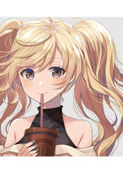 Rule 34 | 1girl, ahoge, bare shoulders, black shirt, blush, brown eyes, closed mouth, collarbone, commentary request, covered collarbone, cup, disposable cup, drinking straw, granblue fantasy, grey background, hair between eyes, holding, holding cup, light brown hair, long hair, looking at viewer, monika weisswind, myusha, shirt, simple background, sleeveless, sleeveless shirt, smile, solo, twintails, upper body