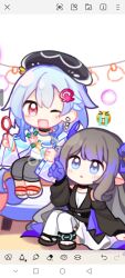 Rule 34 | 1boy, 1girl, ;d, akaruku, arknights, black footwear, black hair, black jacket, blue eyes, blue gloves, blue hair, bubble wand, character request, chibi, commentary request, dress, emoji, gloves, gradient hair, grey pants, hair between eyes, hair ornament, hand up, highres, holding, horns, jacket, knees up, long hair, mizuki (arknights), multicolored hair, on floor, one eye closed, open mouth, pants, parted lips, pointy ears, purple hair, red eyes, sandals, shirt, simple background, smile, thighhighs, very long hair, white background, white dress, white footwear, white shirt, white thighhighs