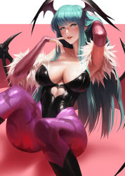 Rule 34 | 1girl, animal print, aqua eyes, aqua hair, arm up, bad id, bad pixiv id, bare shoulders, bat print, bat wings, black footwear, black leotard, breasts, bridal gauntlets, cleavage, cleavage cutout, clothes pull, clothing cutout, collarbone, commentary, demon girl, finger to mouth, fur trim, hand in own hair, head wings, heart cutout, highleg, highleg leotard, knees up, kuka (pixiv61655136), large breasts, leotard, lips, long hair, looking at viewer, morrigan aensland, pantyhose, pantyhose pull, parted lips, pink background, print pantyhose, purple pantyhose, simple background, sitting, solo, straight hair, two-tone background, vampire (game), very long hair, white background, wings