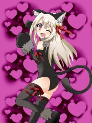 Rule 34 | 1girl, ;d, animal ears, ass, bell, blonde hair, blush, boots, cat ears, cat tail, catsuit, dangeroes beast (illya), elbow gloves, eyelashes, fake animal ears, fate/kaleid liner prisma illya, fate (series), female focus, flat ass, gloves, hair bell, hair ornament, hair ribbon, heart, highres, illyasviel von einzbern, jingle bell, leotard, long hair, looking at viewer, one eye closed, open mouth, petite, platinum blonde hair, red eyes, ribbon, smile, solo, tail, thigh boots, thighhighs, tokkyun, type-moon